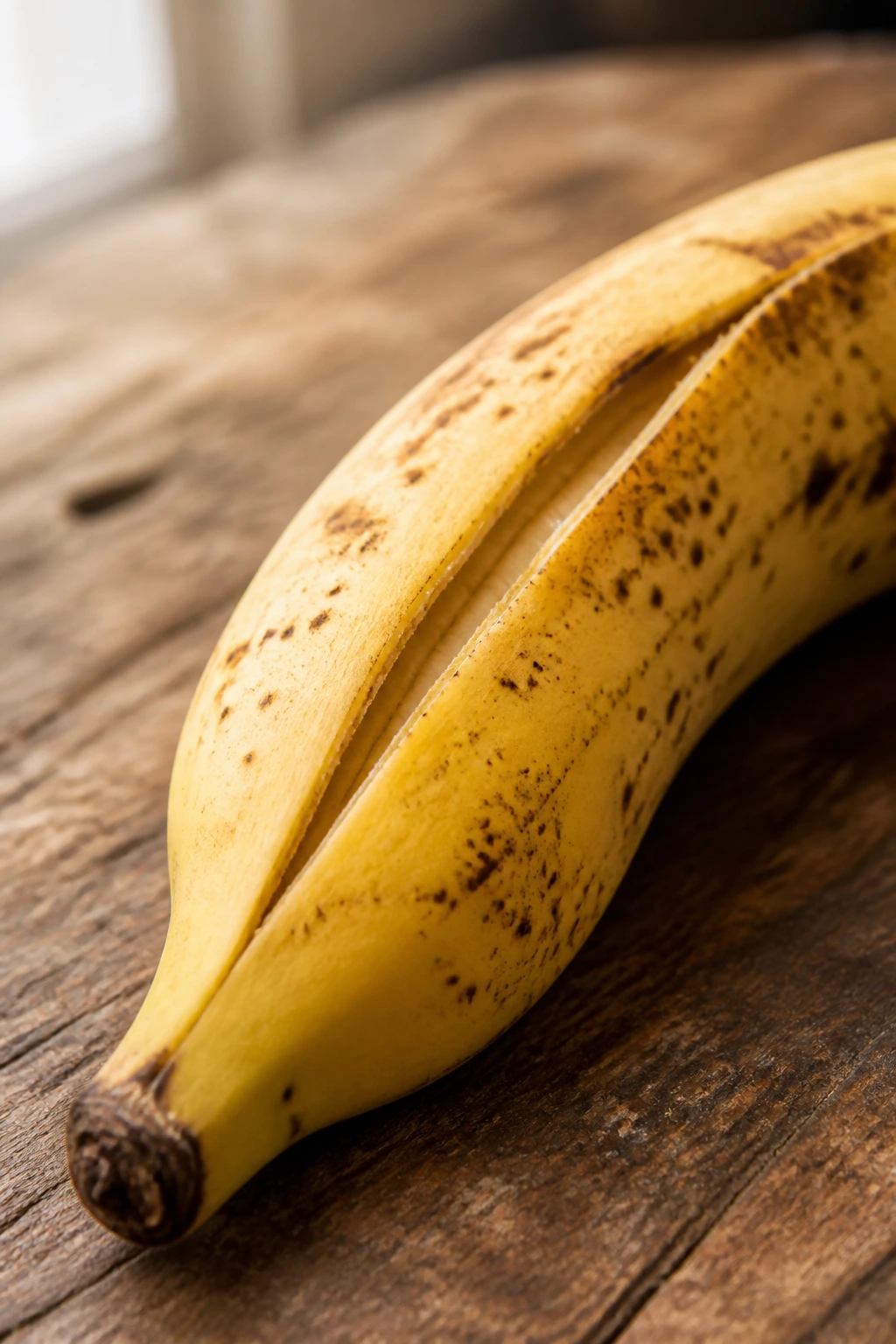 Are Bananas With Split Skins Safe To Eat? 1 Close-up of a split banana skin on a wooden counter.