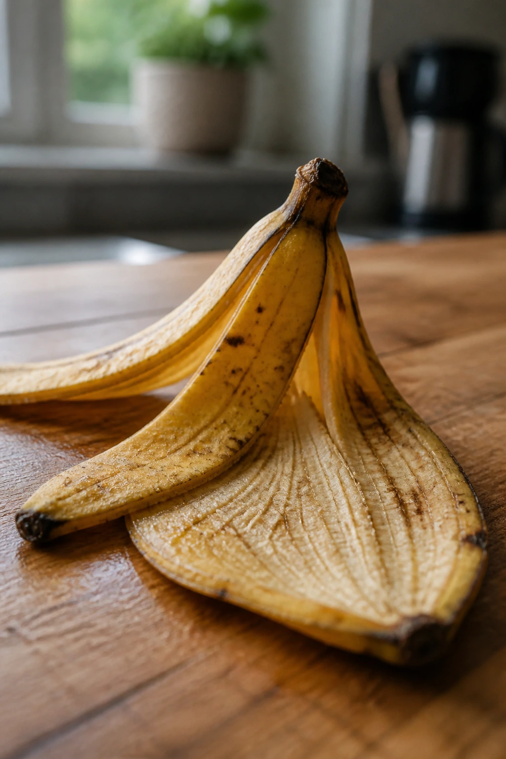 Dog-Friendly Treats: Are Banana Peels Good For Dogs? 1 Close-up of a banana skin on a wooden kitchen counter