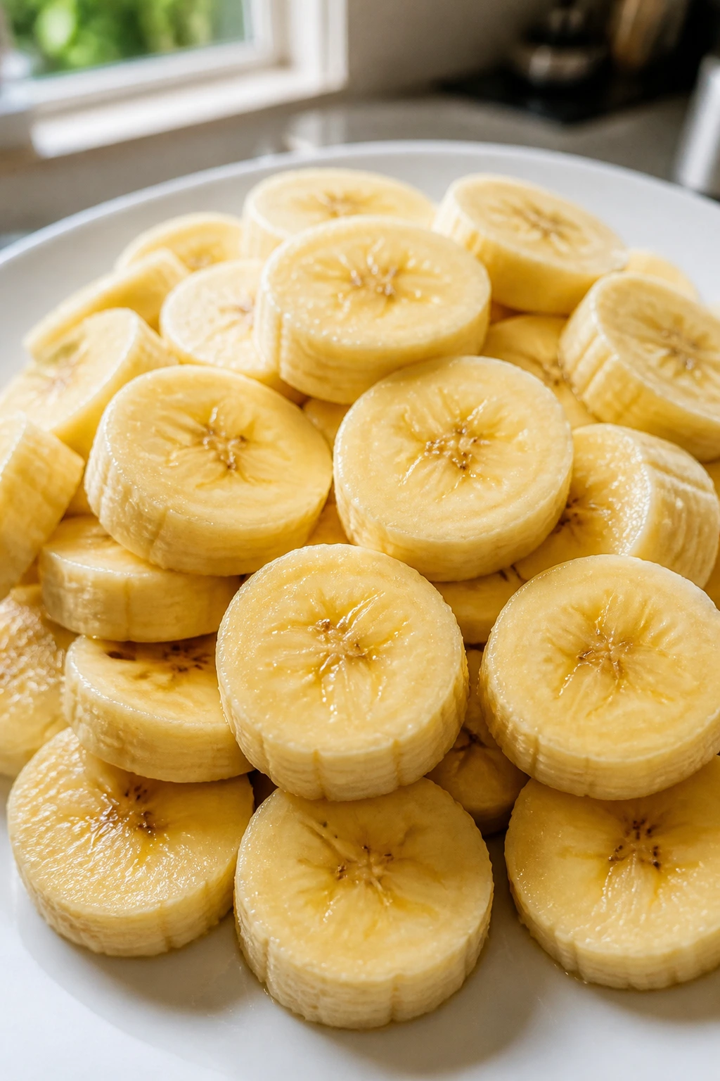Close-up of ripe banana slices on a plate in a sunlit kitchen