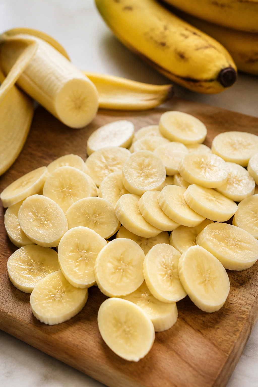How to Make Banana Chips Commercially: A Complete Guide 2 Banana slices on cutting board in a bright kitchen, uniform thickness.