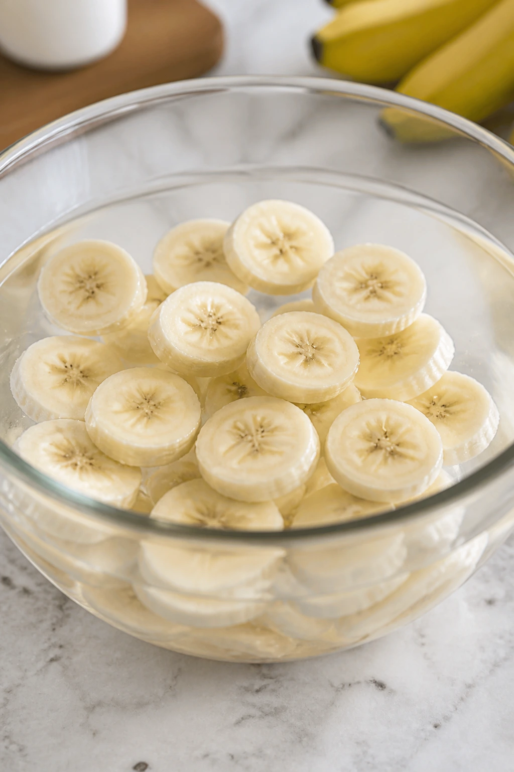 Banana slices submerged in water to prevent browning