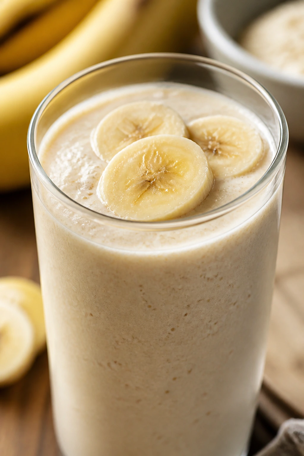 Close-up of a banana smoothie in a glass with banana slices