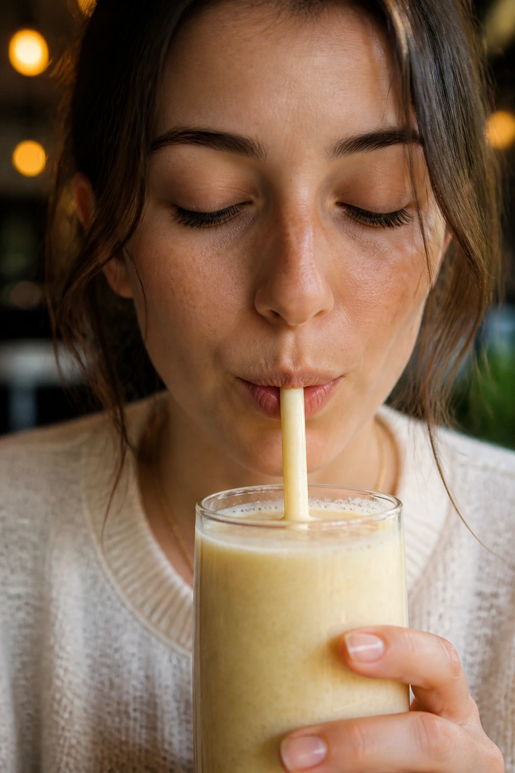 Close-up of a person sipping banana smoothie from a glass in a cozy cafe