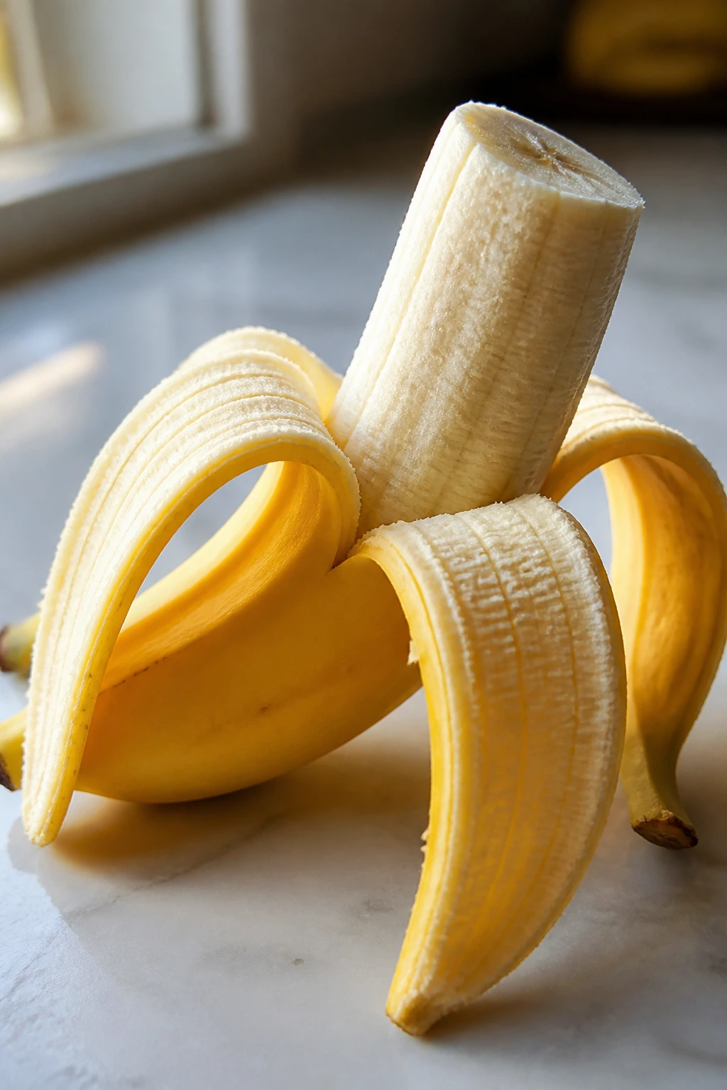 IBS Relief: Are Bananas Good For IBS? 4 Peeled banana on a kitchen counter illustrating easy flexible snack
