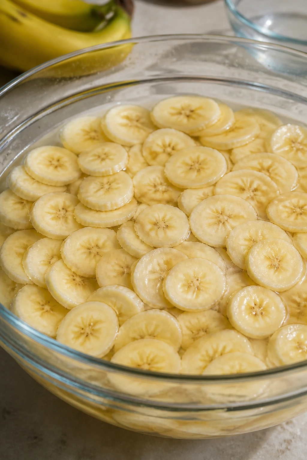 How to Make Banana Chips Commercially: A Complete Guide 3 Banana slices soaking in a clear bowl to preserve color.