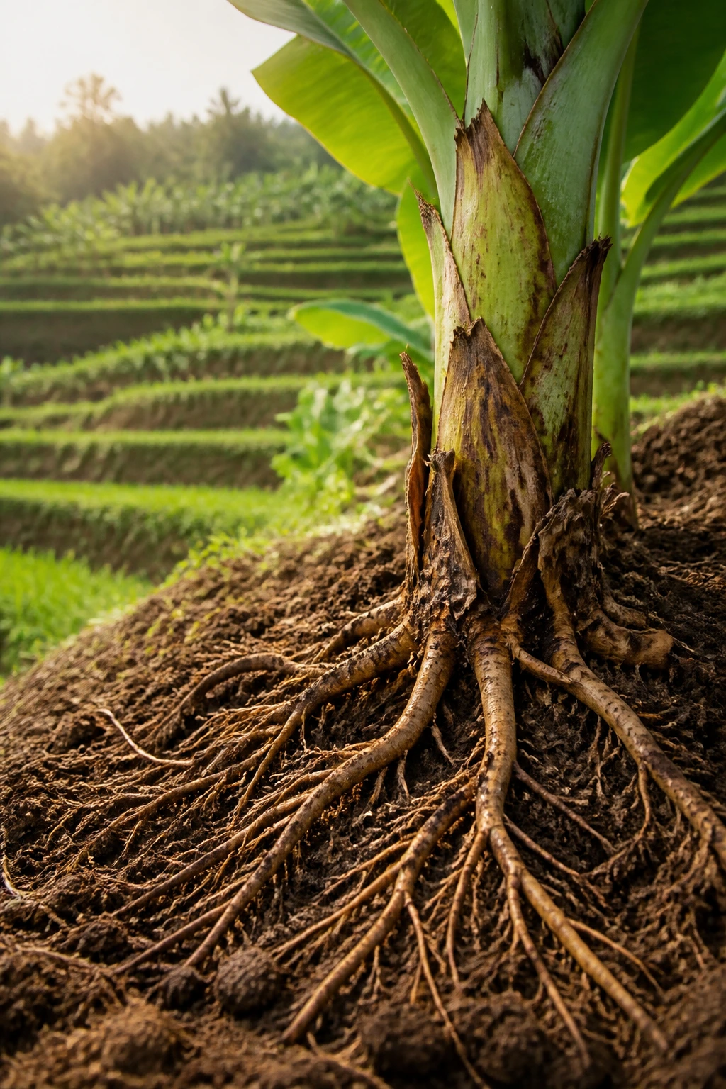 Banana plant base with visible roots stabilizing soil in a terraced field