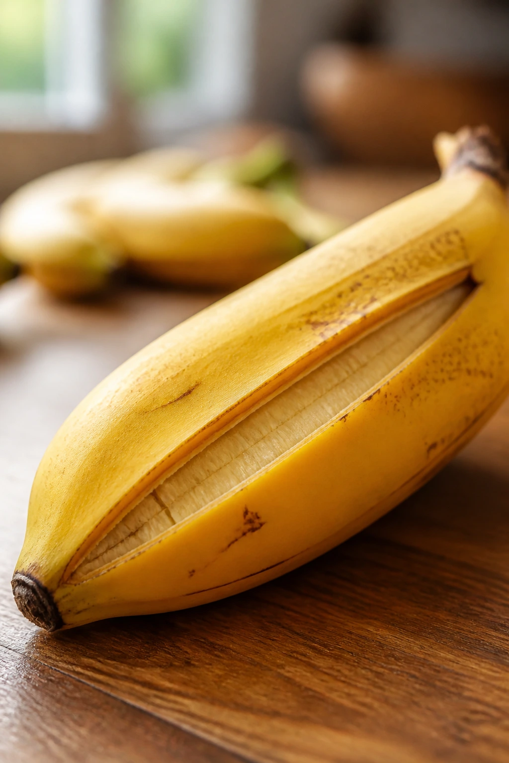 Why Are Bananas Splitting Open? And How To Stop It? 1 Close-up of a banana with split peel showing inner flesh on a wooden kitchen counter