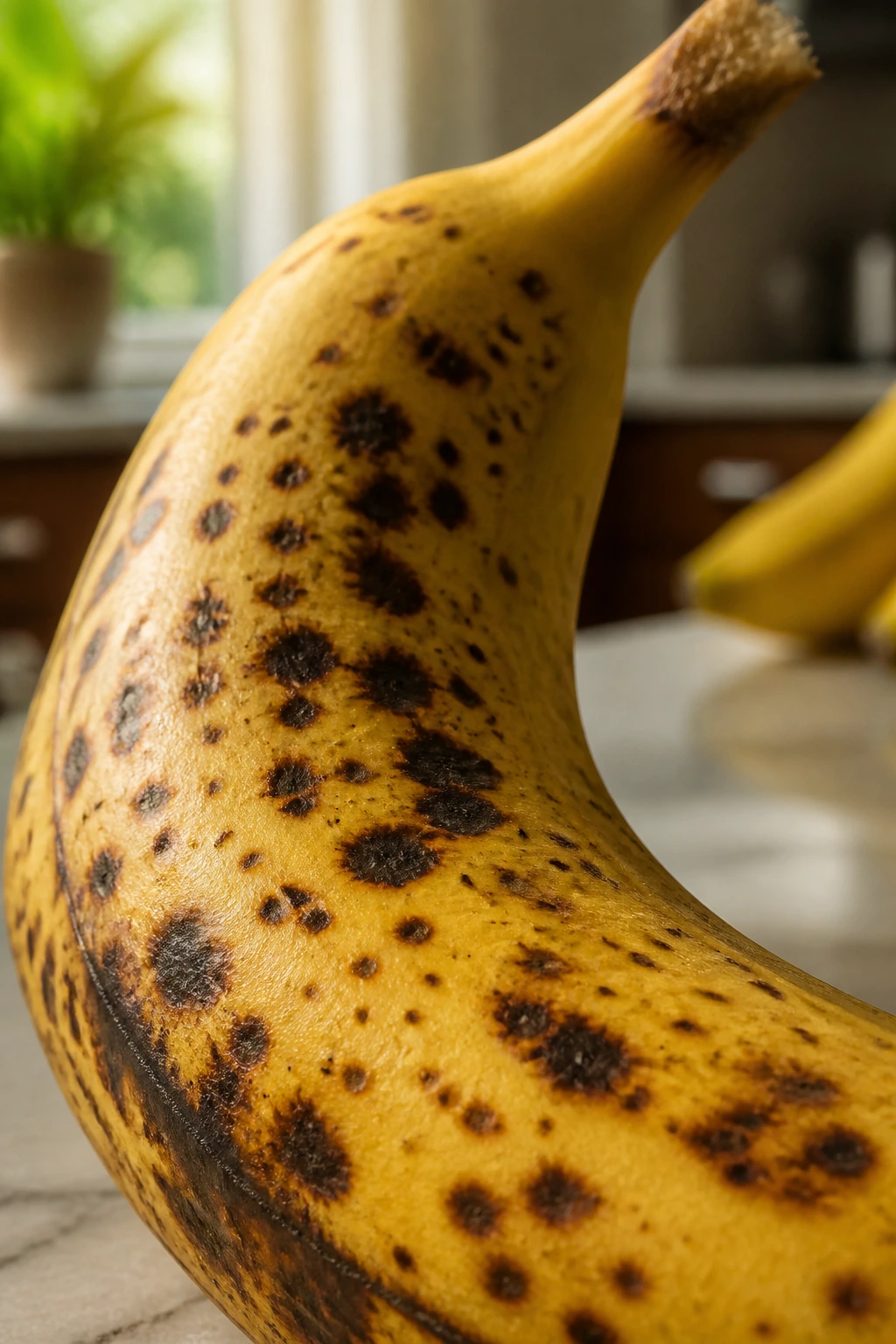 Close-up of a ripe banana with dark spots indicating ripening