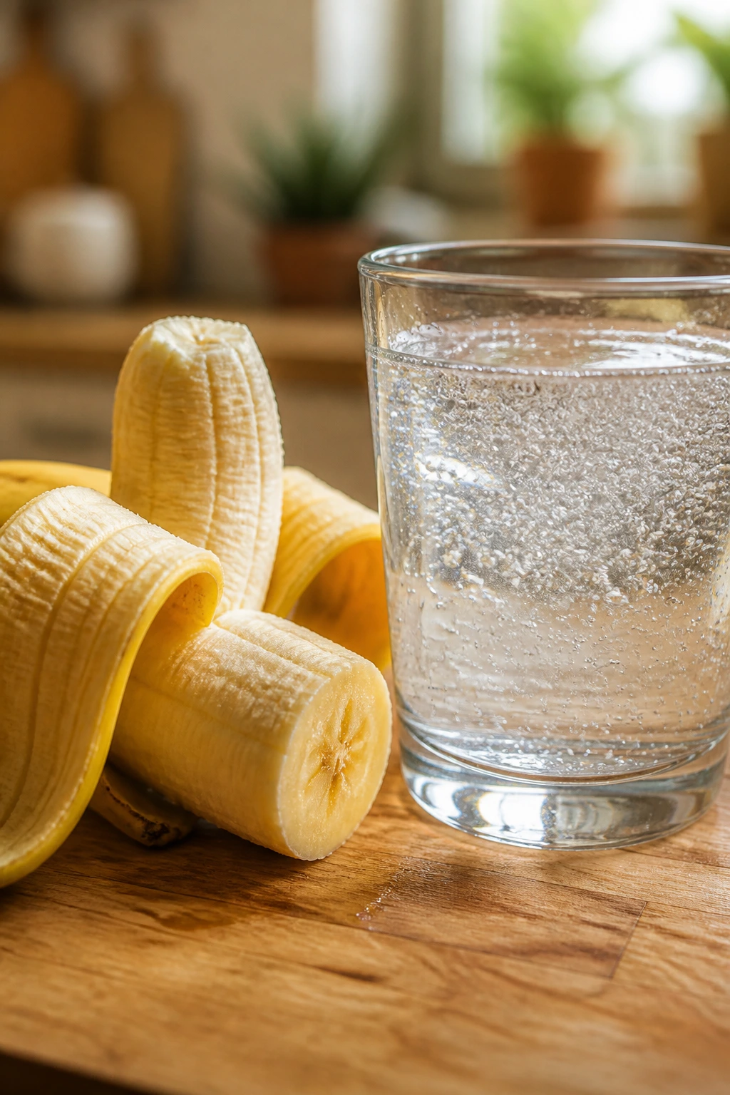 Peel banana next to a glass of fizzy drink on a warm kitchen counter.