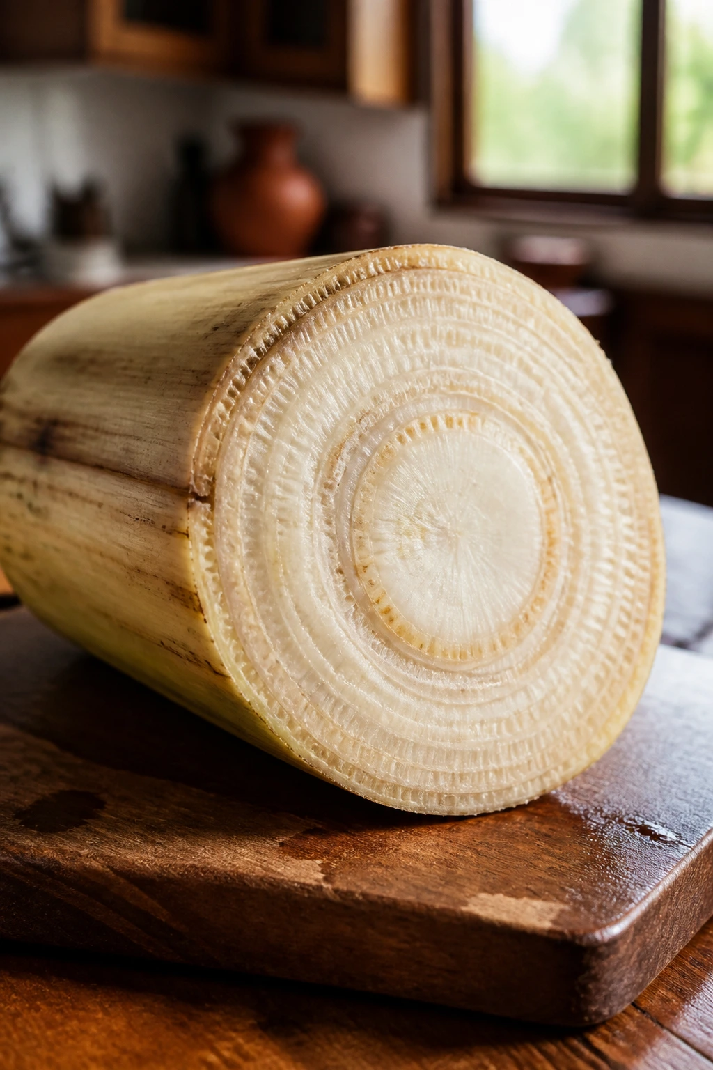 How To Make Delicious and Nutritious Banana Stem Juice 1 Close-up of a fresh banana stem on a wooden board, ready for juicing
