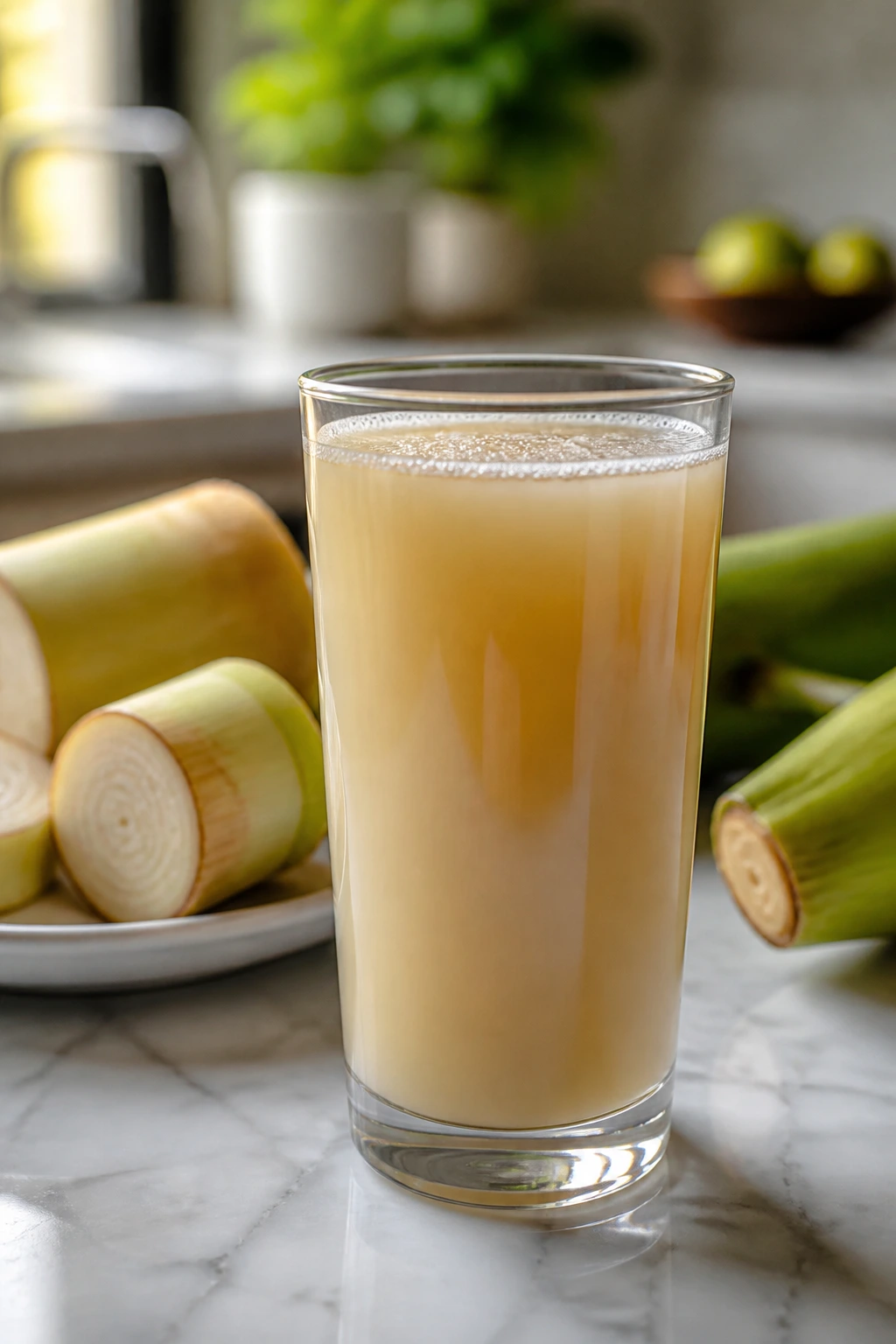 How To Make Delicious and Nutritious Banana Stem Juice 3 Tall glass of banana stem juice on a bright kitchen counter