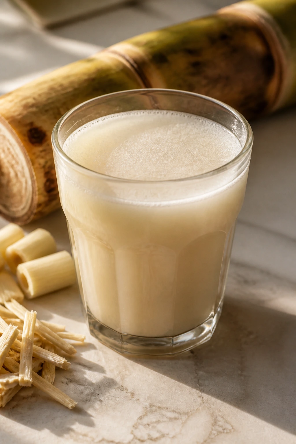 How To Make Delicious and Nutritious Banana Stem Juice 4 Glass of banana stem juice on a clean countertop bathed in soft sunlight