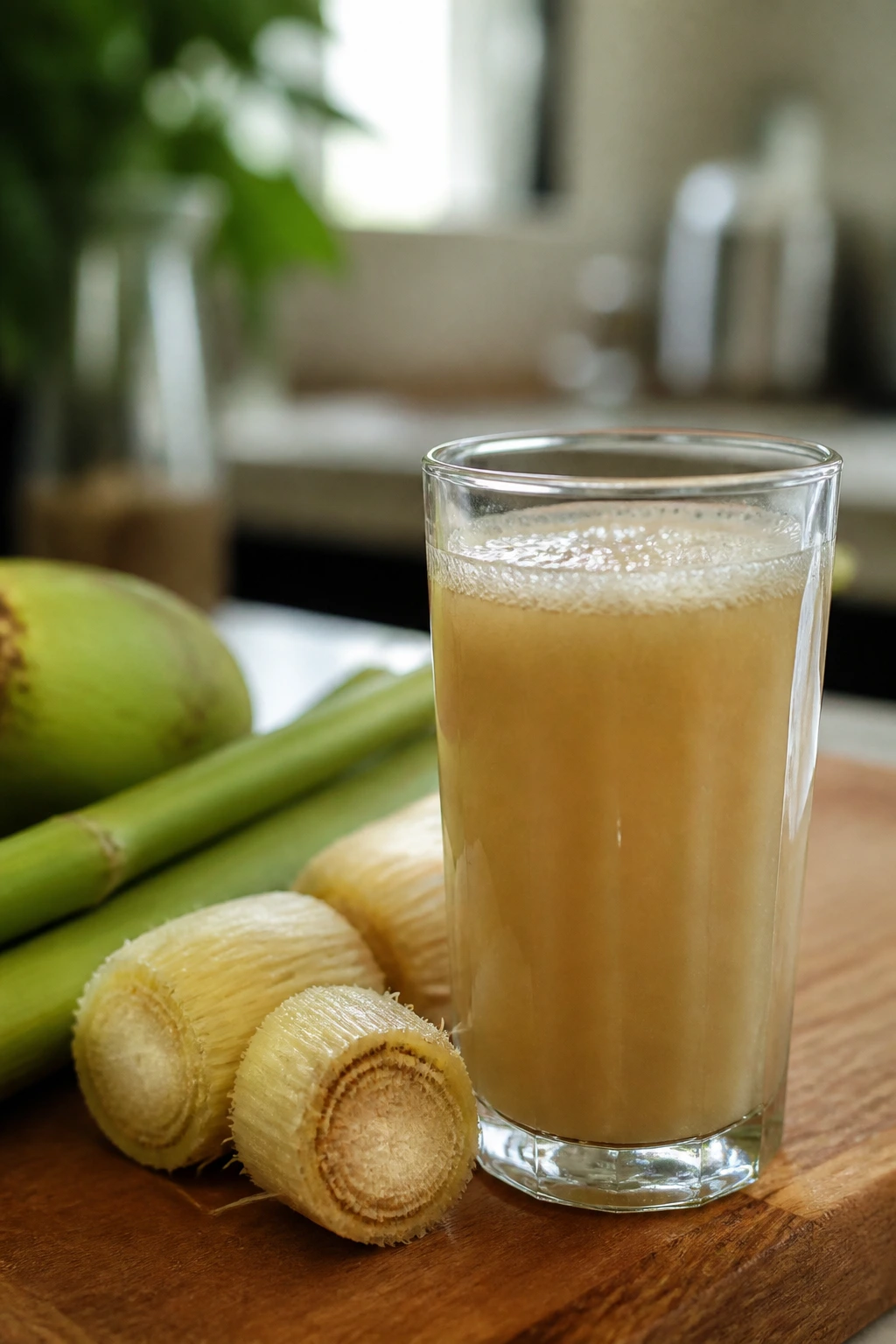 How To Make Delicious and Nutritious Banana Stem Juice 5 Close-up of a glass of banana stem juice with a blurred kitchen backdrop
