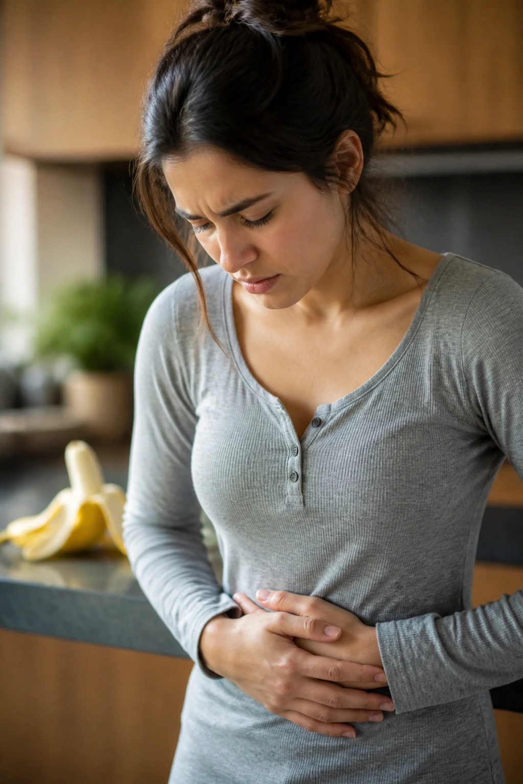 When Bananas Bite Back: Why Do Bananas Make My Stomach Hurt? 3 Portrait of a person showing stomach discomfort with a banana visible on the counter behind