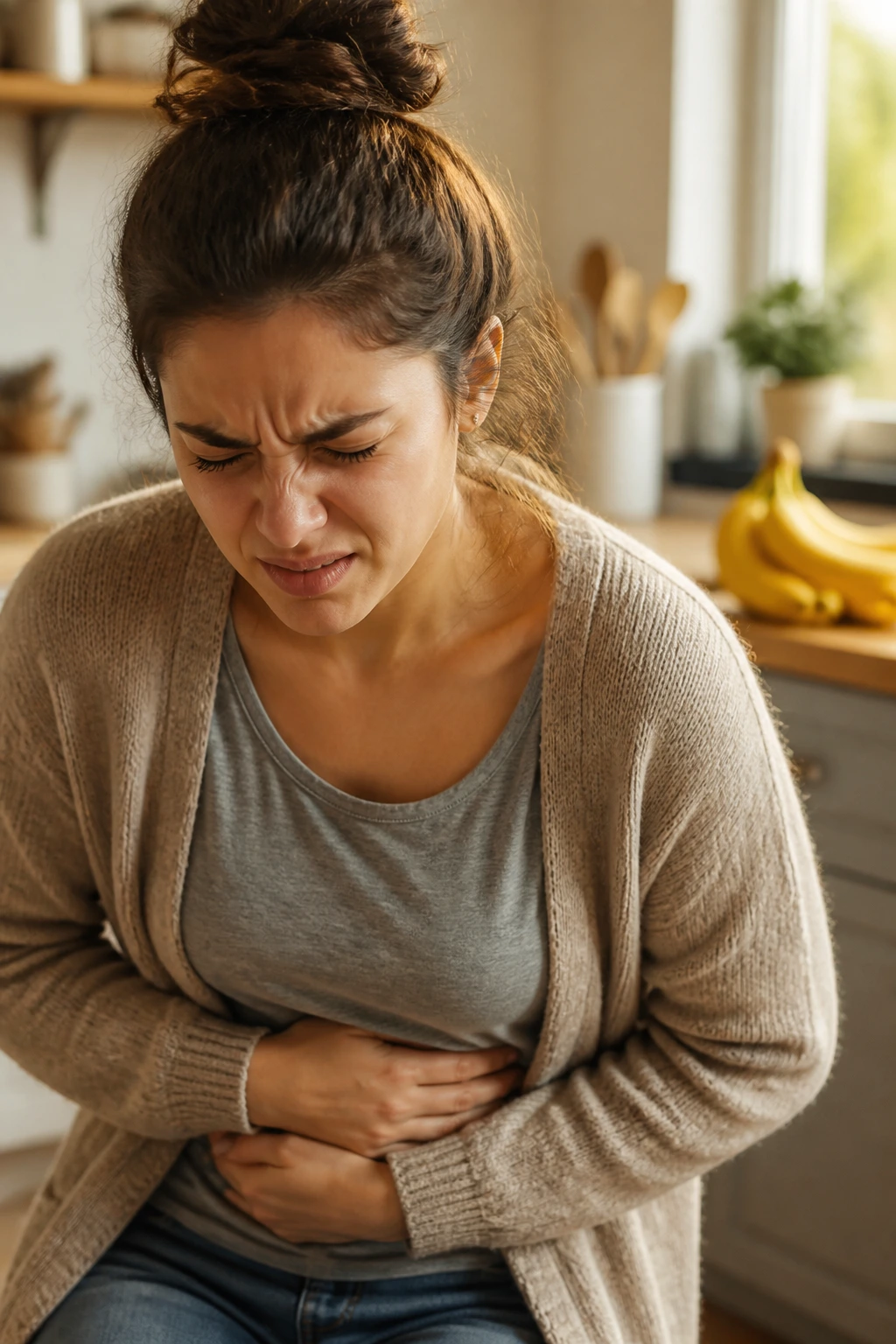 When Bananas Bite Back: Why Do Bananas Make My Stomach Hurt? 1 Close-up portrait of a person in a kitchen clutching their stomach with a banana visible in the background