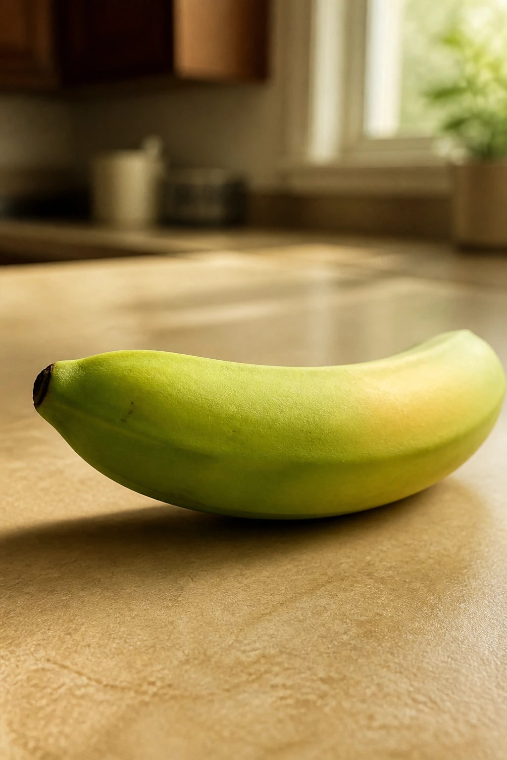 Why Are My Bananas Still Green After 2 Weeks Or More? 2 Green banana on warm kitchen counter with soft light