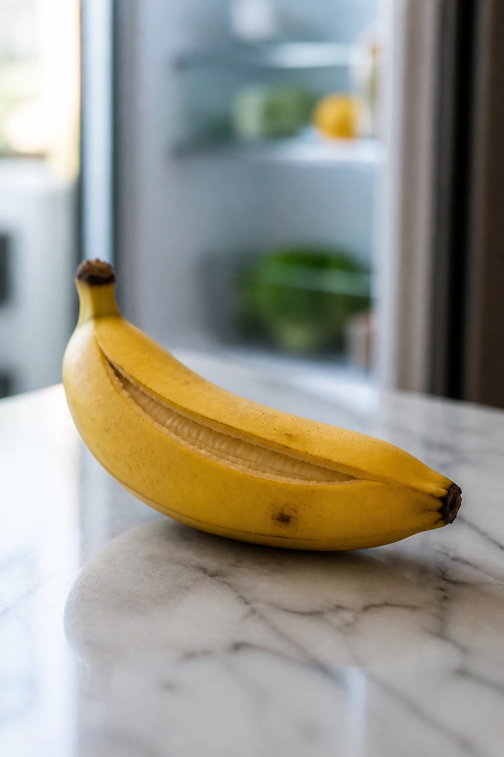 Are Bananas With Split Skins Safe To Eat? 3 Single ripe banana on a cool countertop with a hint of a fridge background.