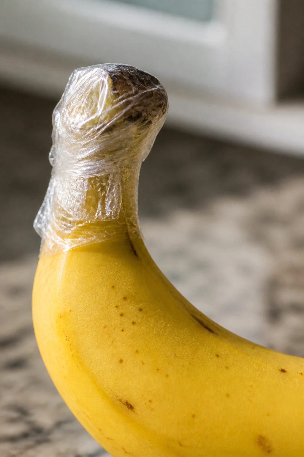 Banana with stem wrapped in plastic for storage on a counter