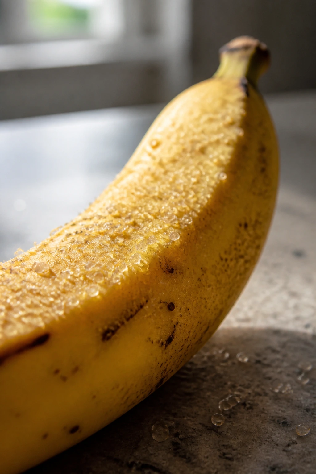 Close-up of a ripe banana with sugar granules on its peel on a kitchen counter