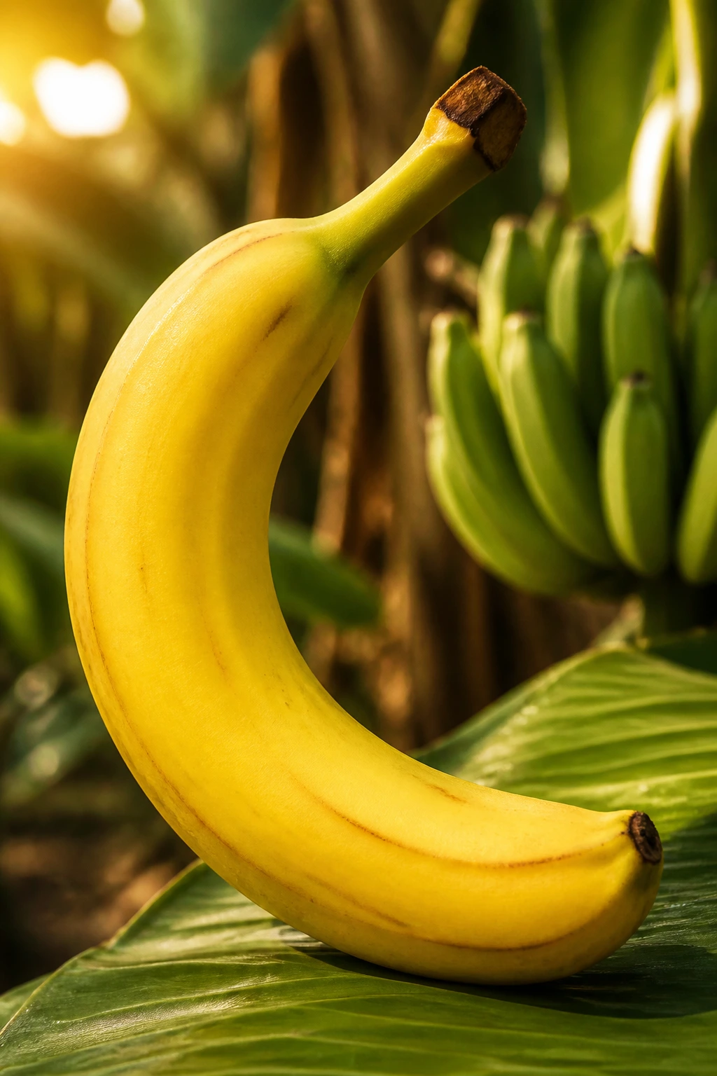 Perfectly curved banana in warm orchard light.