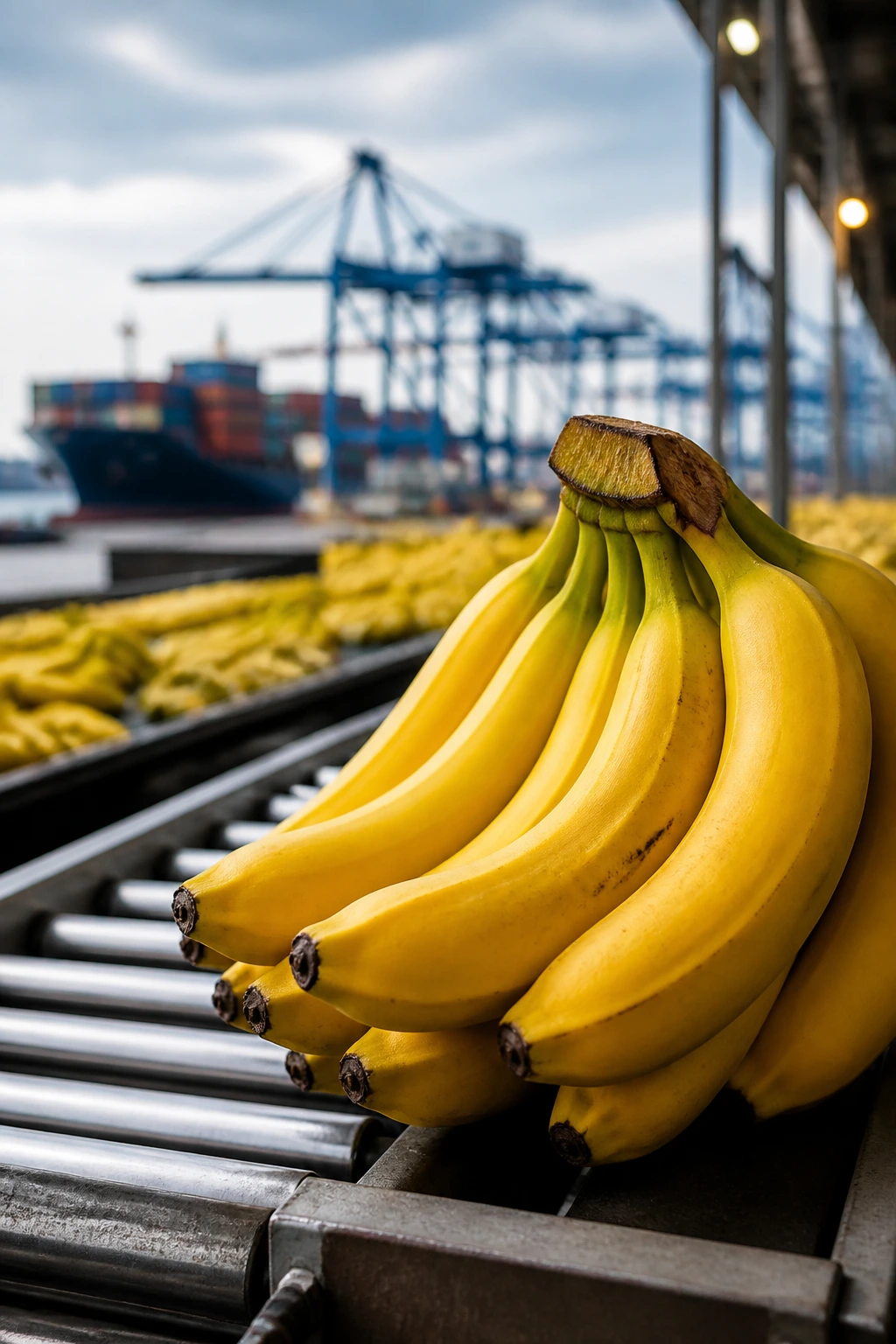 Bananas and the USA: Are Bananas Grown in the USA? 3 Banana bunch on a conveyor belt with a port in the background, symbolizing the banana trade