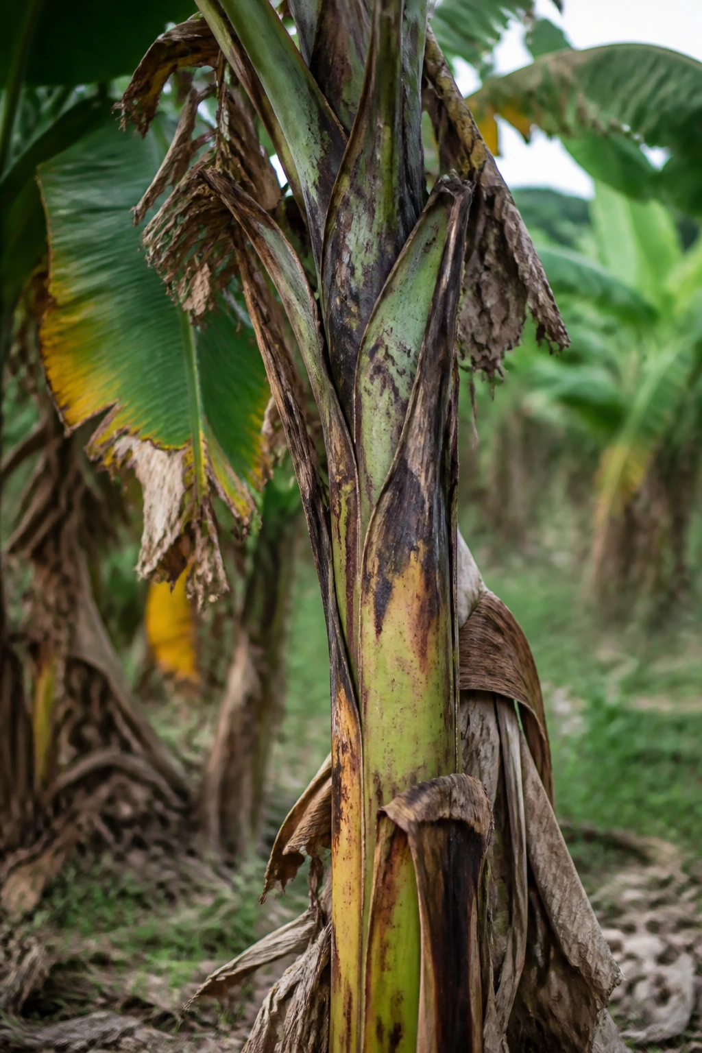 How Many Bananas And Bunches Does A Banana Tree Produce? 4 Close-up of a banana tree showing aging leaves and trunk in a tropical field.