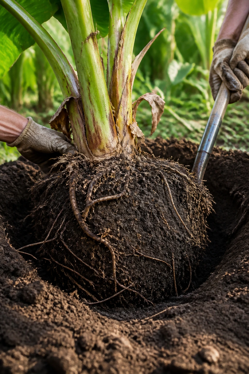 Banana tree with exposed root ball being lifted from soil