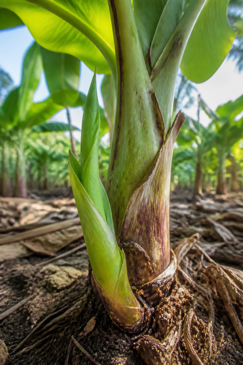 Do Banana Trees Die After Fruiting? Debunking the Myth 1 Close-up of a young banana tree sucker at the base in a tropical field