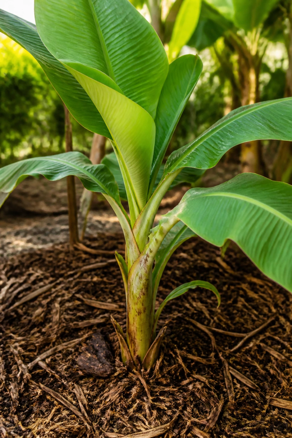 Banana tree with mulch around its base in a garden