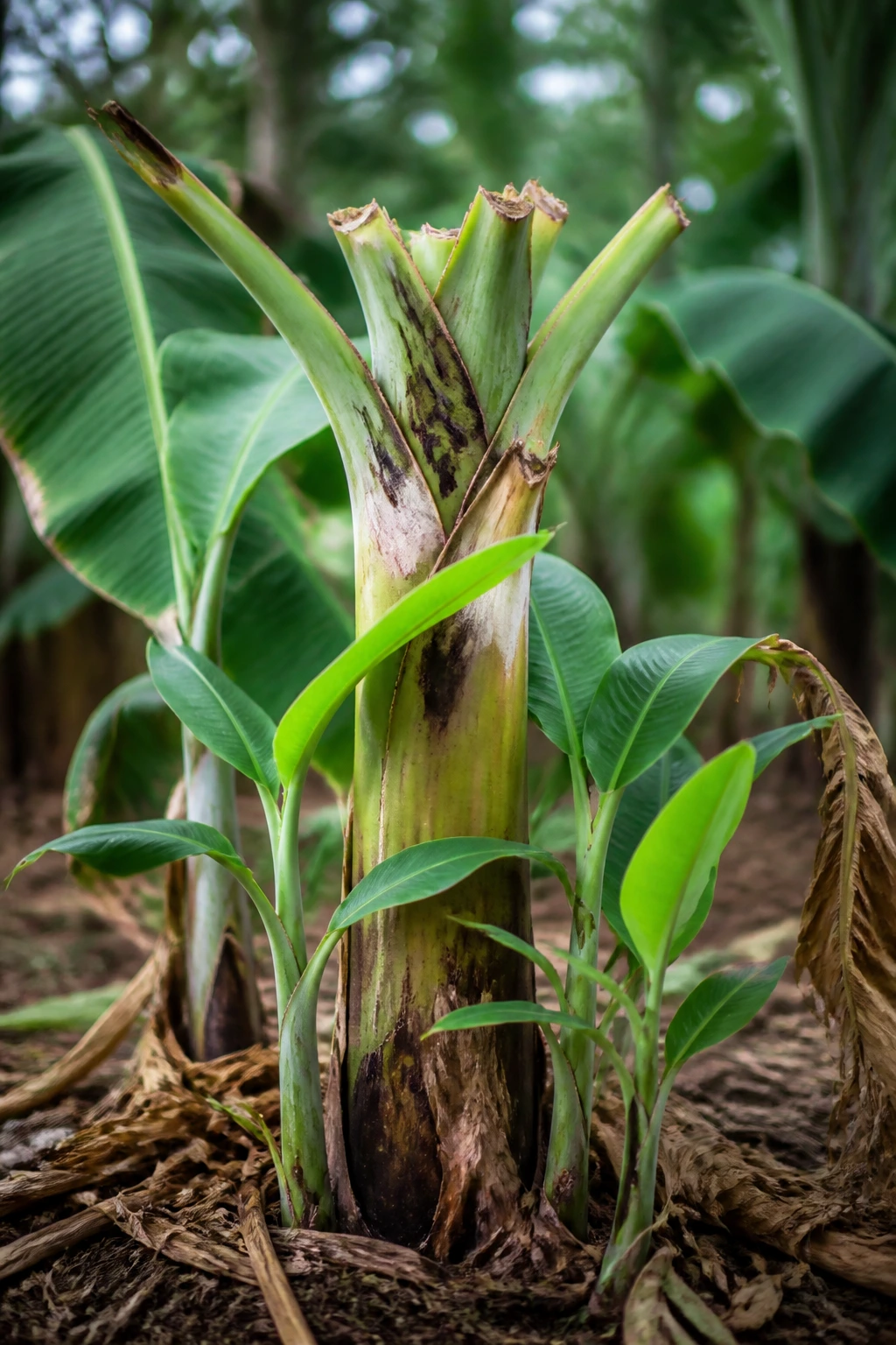 Banana tree with trimmed top leaves in a garden