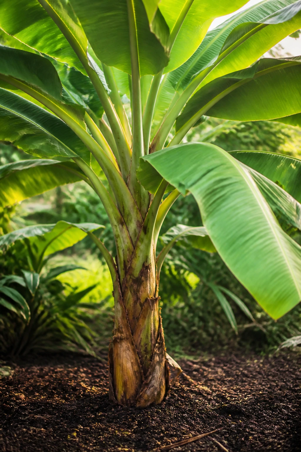 Close-up of a healthy banana tree dominating the frame in a garden, ready for transplant