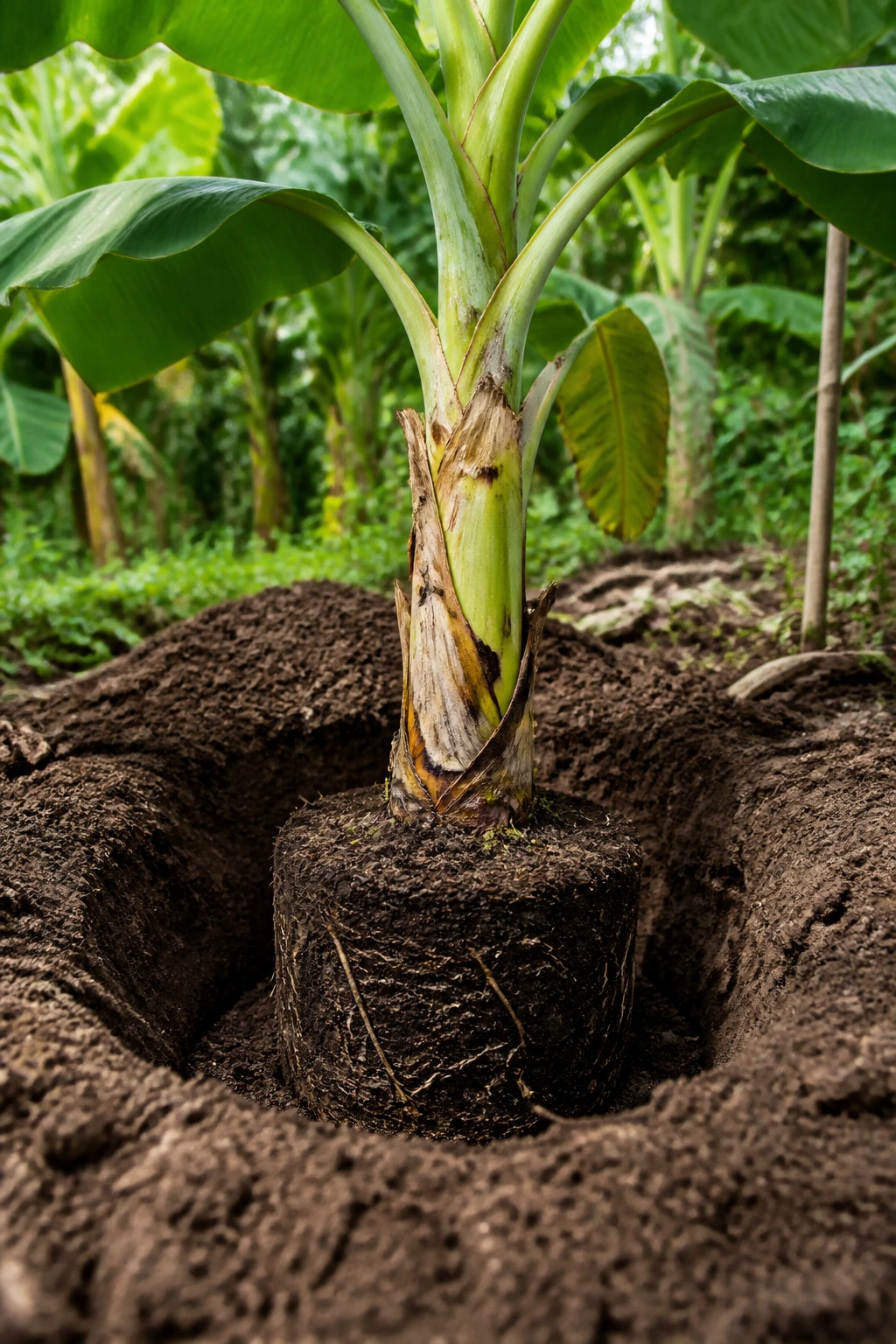 Banana tree placed in a new hole with root ball centered