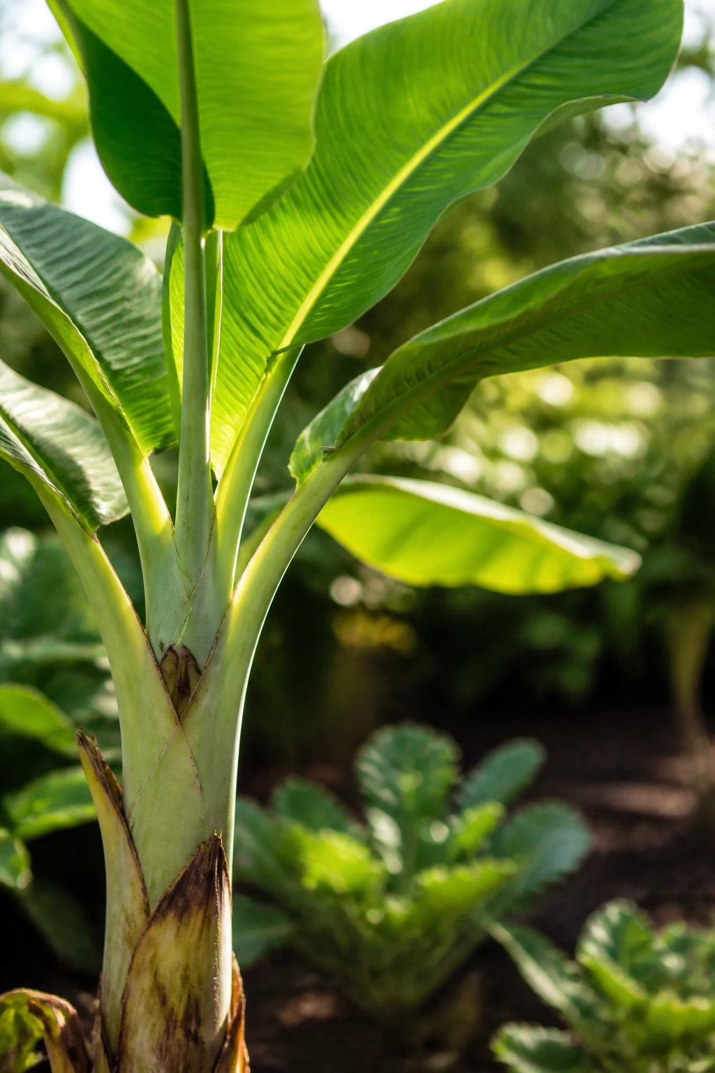 Close-up of a banana tree in warm sun with lush leaves in a garden