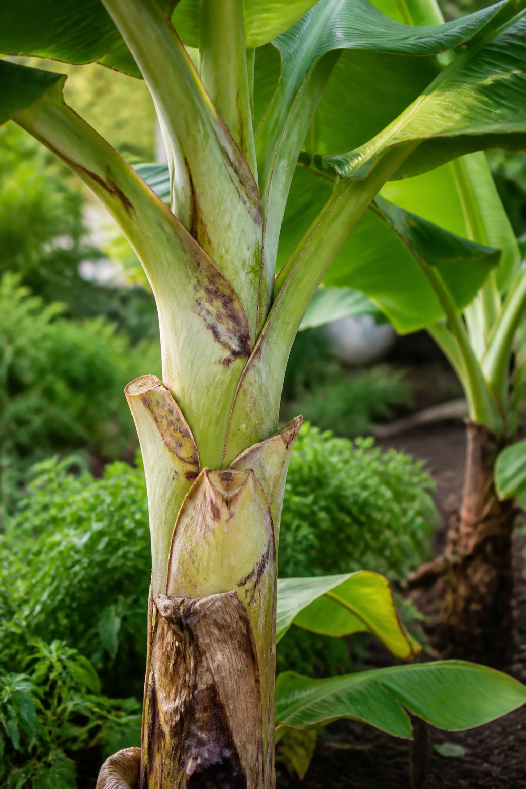 How to Trim a Banana Tree Like a Pro: A Complete Guide 3 Banana tree trunk with trimmed leaves in a garden