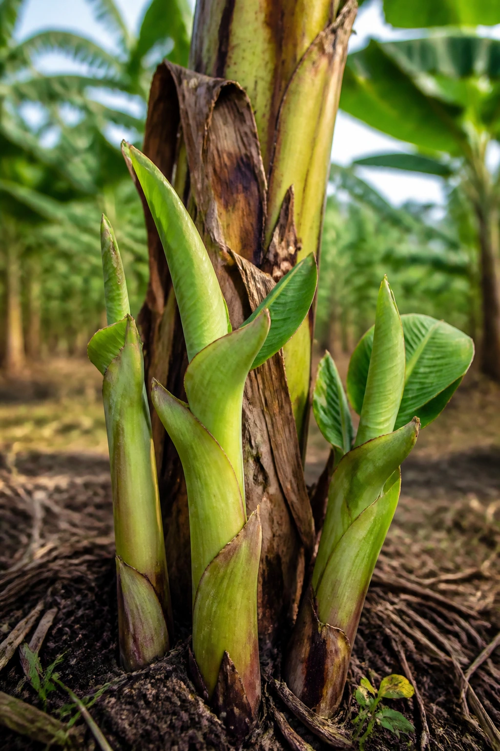 Do Banana Trees Die After Fruiting? Debunking the Myth 2 New banana shoots growing from the base of a mature plant in a plantation