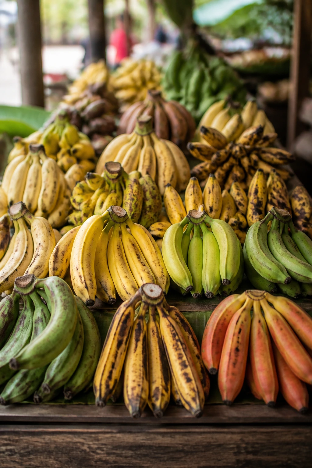 How Many Banana Varieties Are There? 2 Row of diverse banana varieties displayed on a market counter, showing variety in color and shape