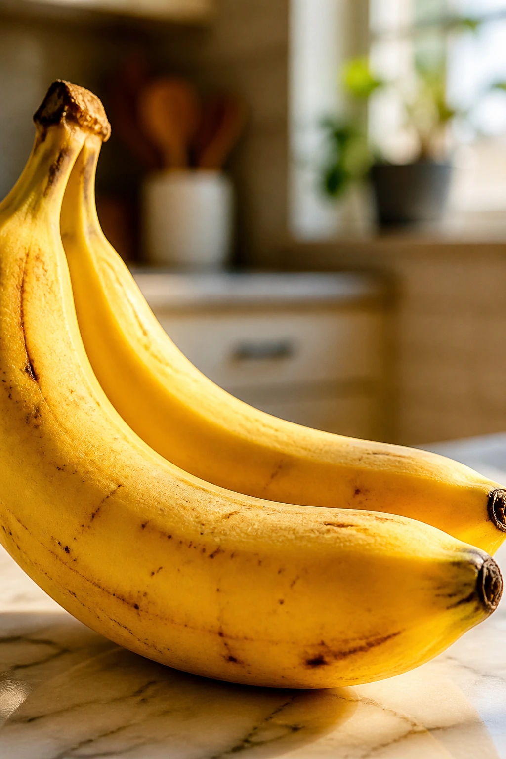 Close-up of a banana on a kitchen counter in warm light