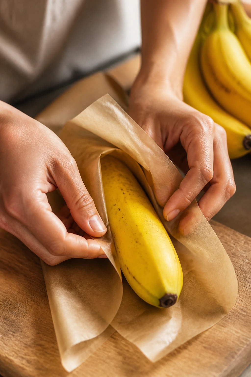 Close-up of hands wrapping a ripe banana in parchment paper in a warm kitchen setting
