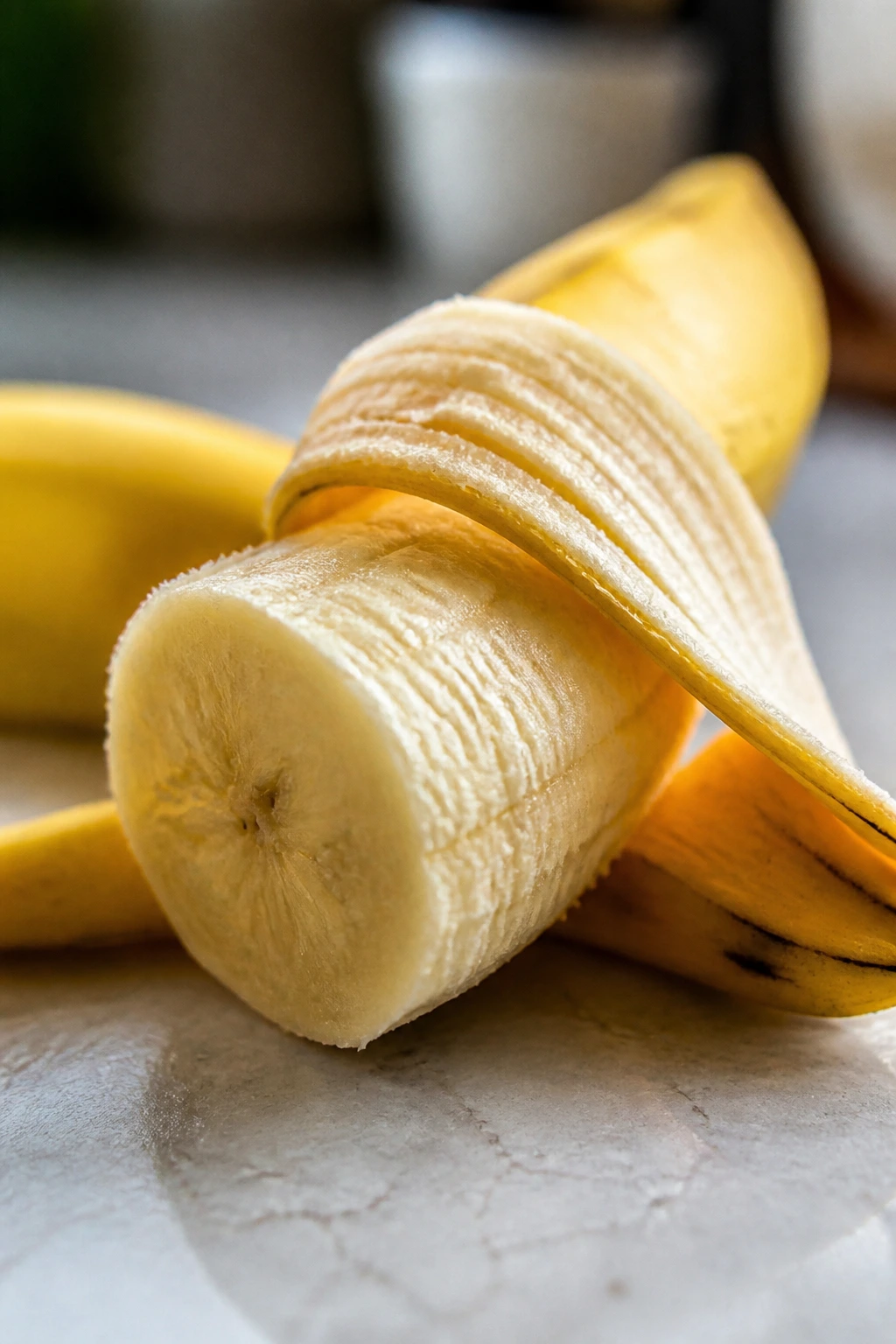 Do Bananas Have Caffeine In Them? 4 Banana with peel partly wrapped around the fruit on a kitchen counter