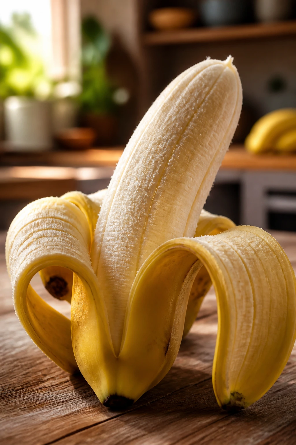 Close-up of peeled banana with curling peel on a wooden counter