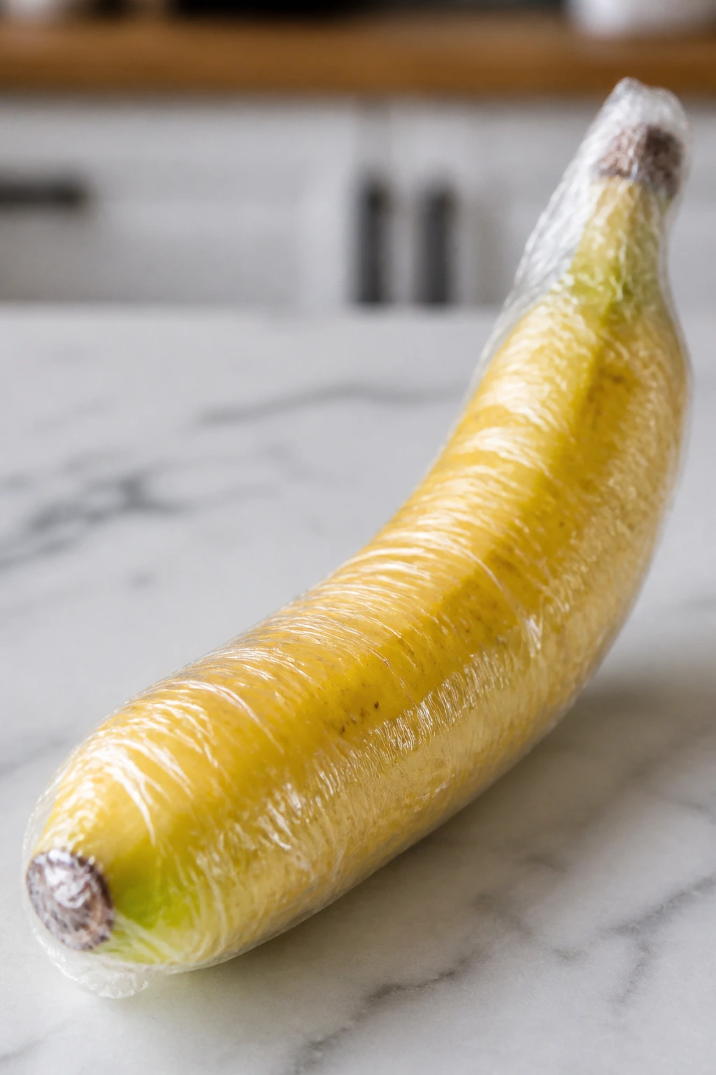 How to Pack a Banana for Your Lunch Box 8 Banana wrapped in plastic wrap occupying most of the frame