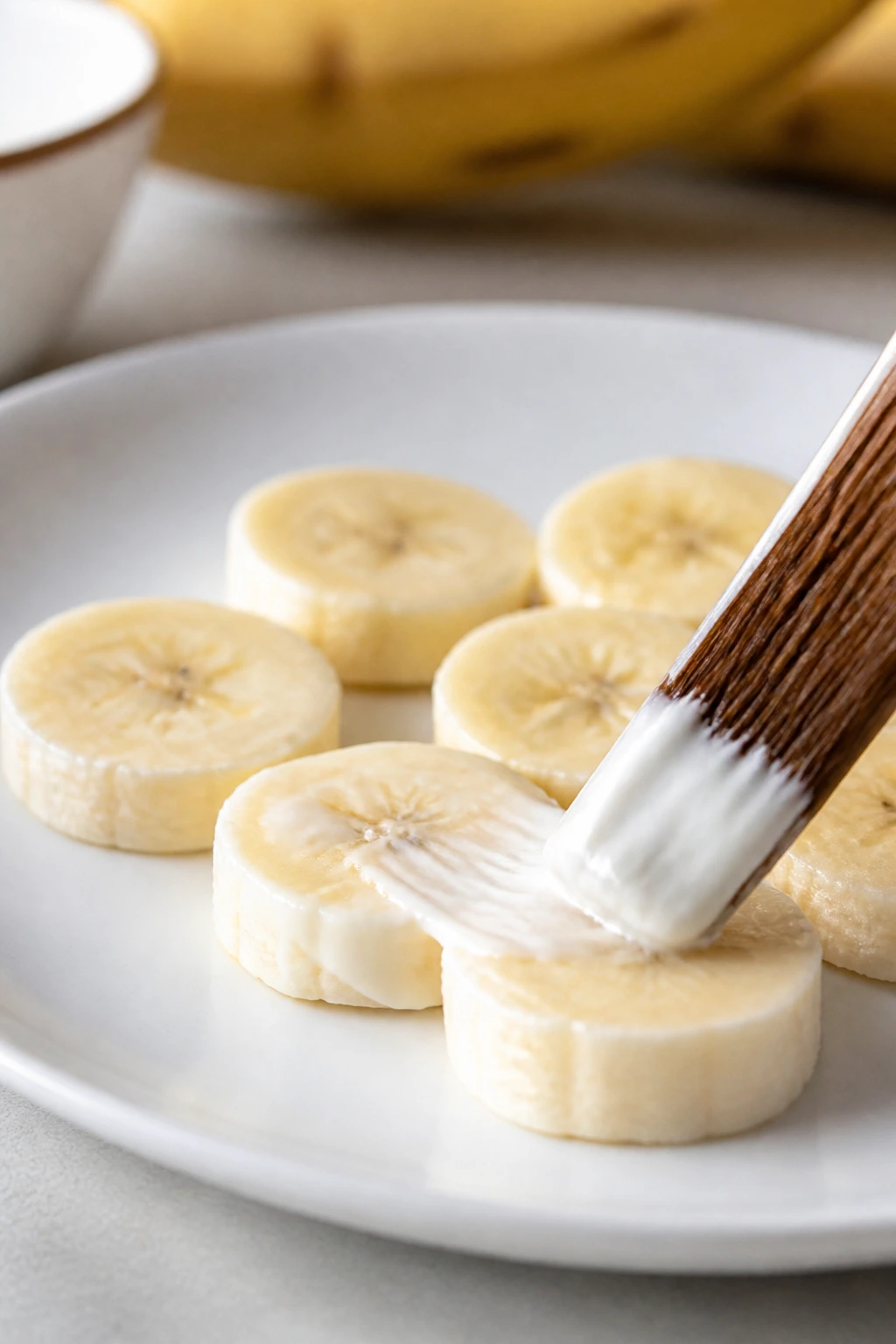 Banana slice coated with yogurt to slow browning