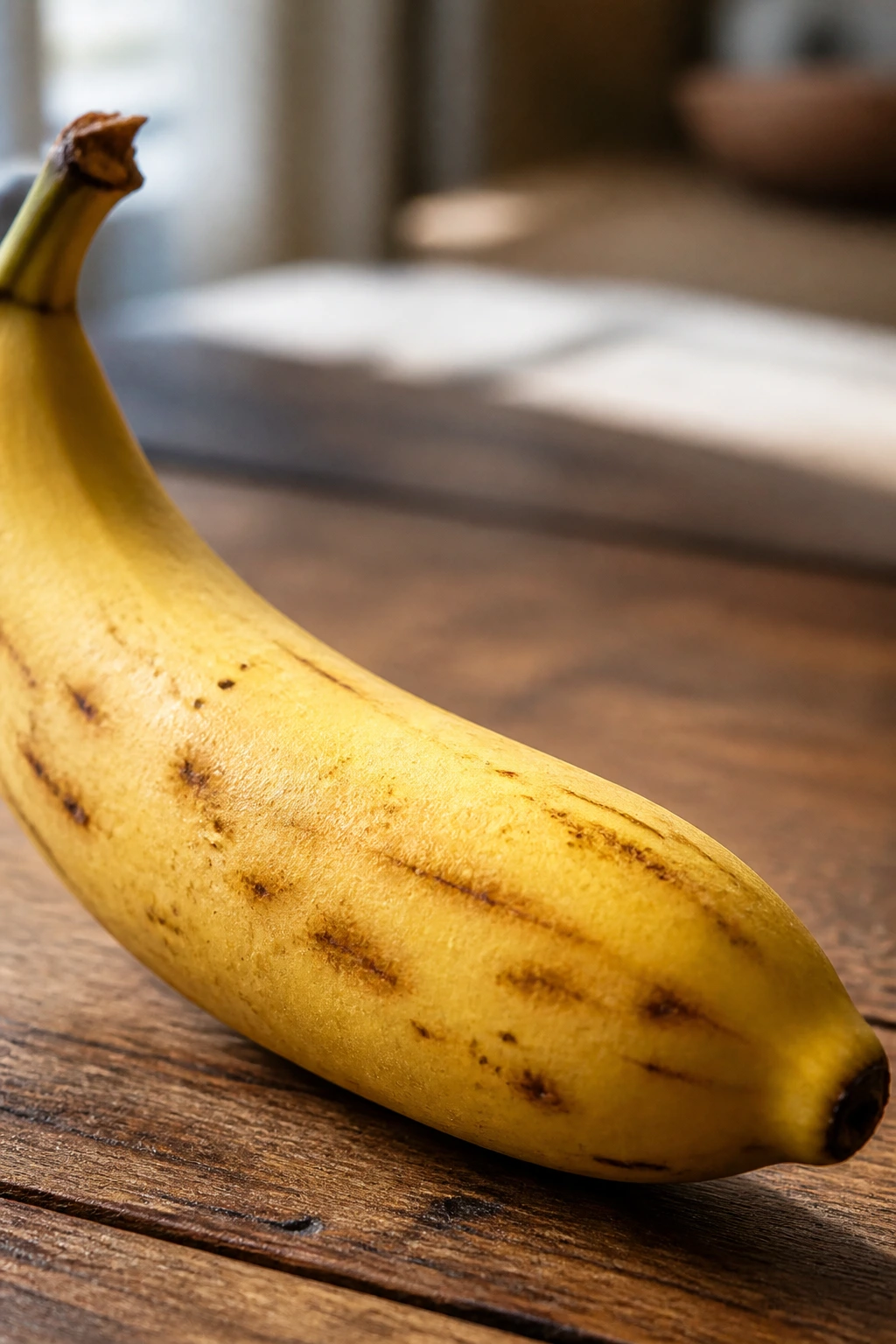 Close-up of a ripe banana filling the frame on a wooden counter.