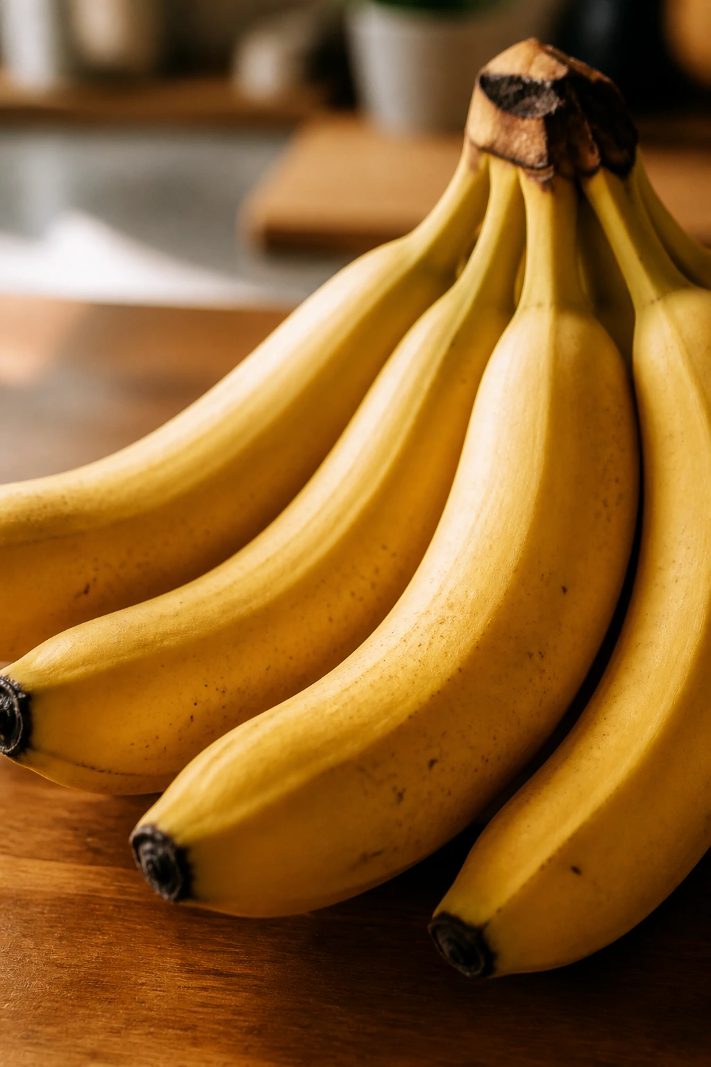 Close-up of a cluster of ripe bananas on a wooden kitchen counter