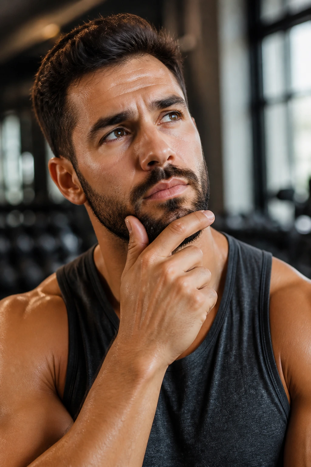 Close-up portrait of a fit adult in a gym, thoughtful expression about bananas and bodybuilding.