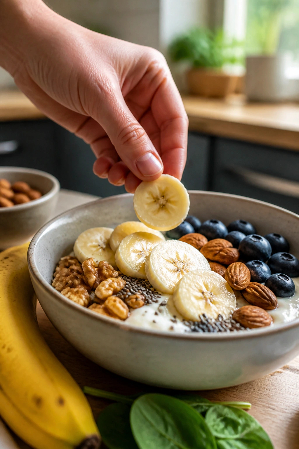 Banana being added to a bowl of yogurt with other bone-healthy foods