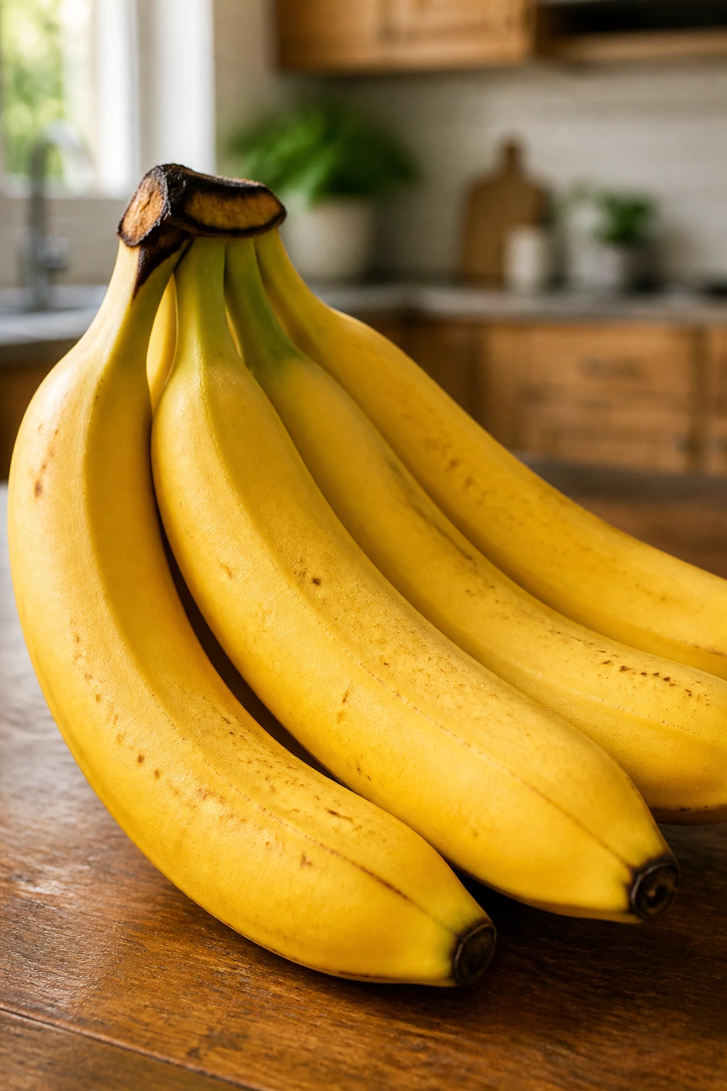 Building Stronger Bones: Are Bananas Good For Your Bones? 1 Close-up of a ripe banana bunch on a wooden counter, vibrant yellow peels