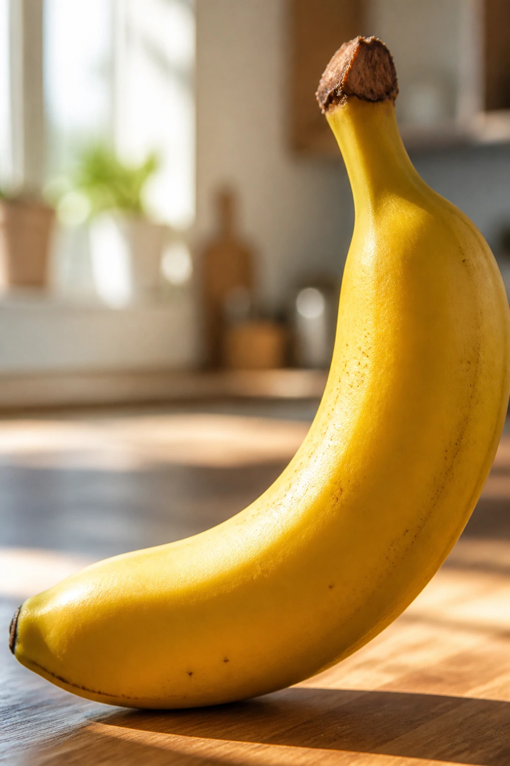 Close-up of a ripe banana on a wooden counter in a sunlit kitchen, emphasizing bone health.