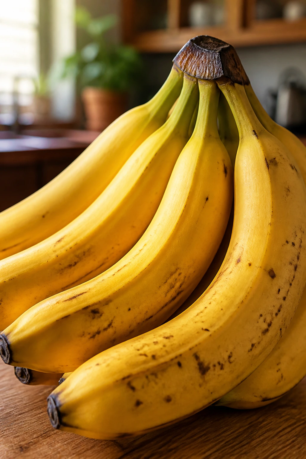 Close-up of ripe bananas in a warm kitchen, highlighting bananas for bone health
