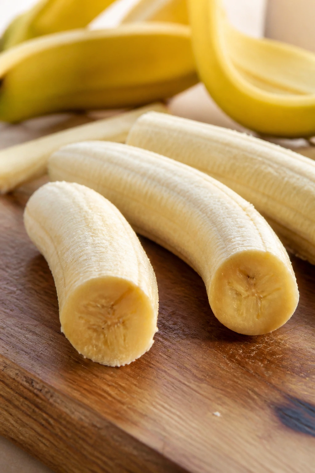 Peel-banana halves on a wooden cutting board with morning light